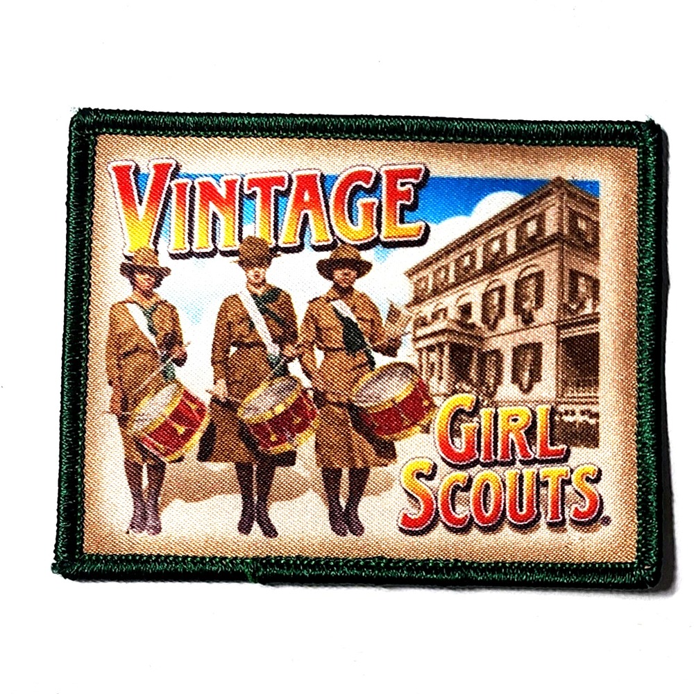 Girl Scouts Patch Vintage Sepia Drummers playing drums Rectangle 3 1/4" x 2.5"